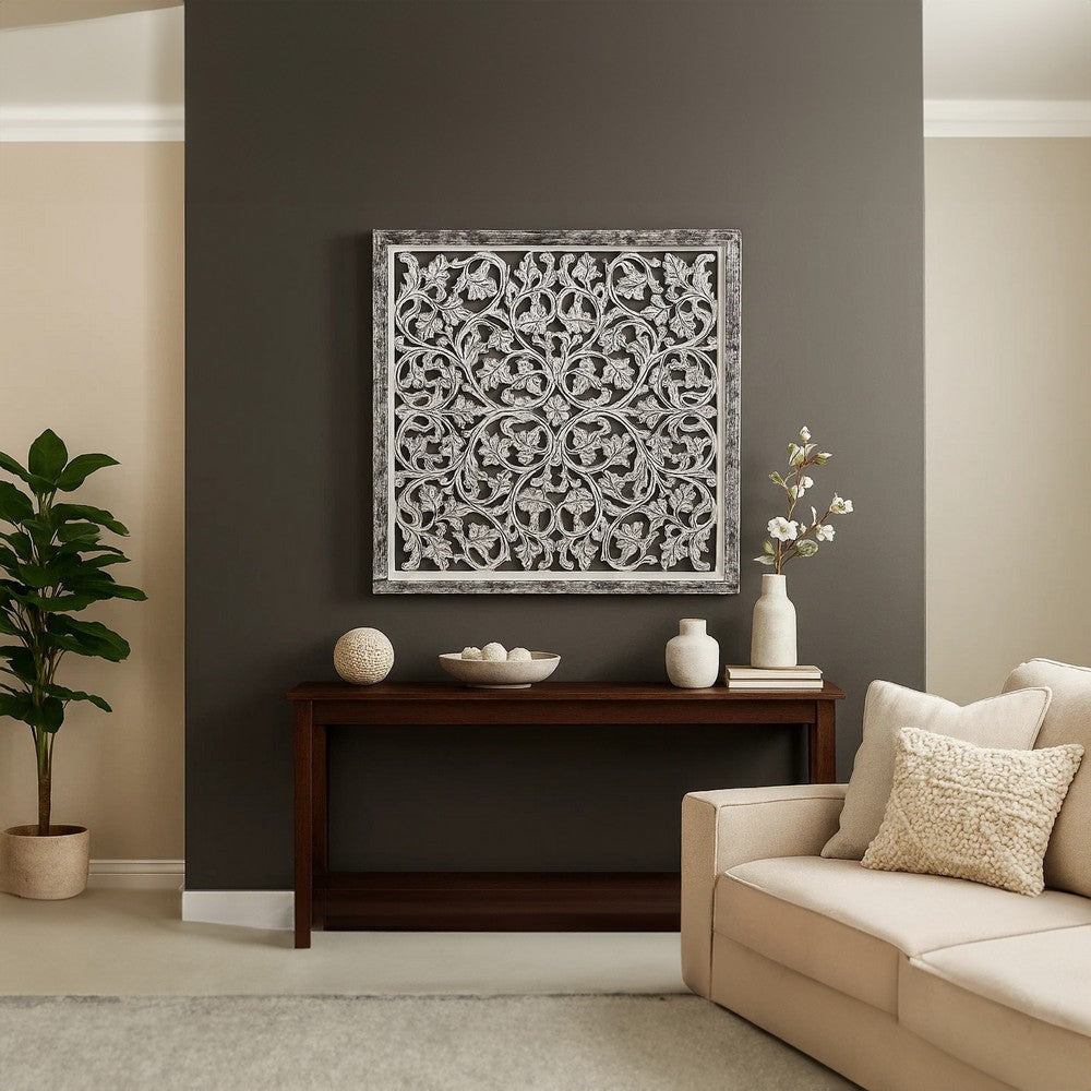 Ozy Carved Mango Wood Wall Decor| 36 Inch Square I Handcrafted Distressed Black & White  By The Urban Port