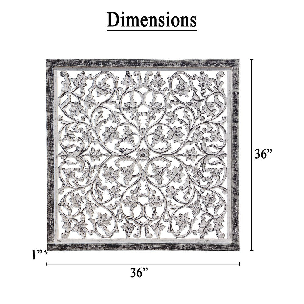 Ozy Carved Mango Wood Wall Decor| 36 Inch Square I Handcrafted Distressed Black & White By The Urban Port UPT-330434