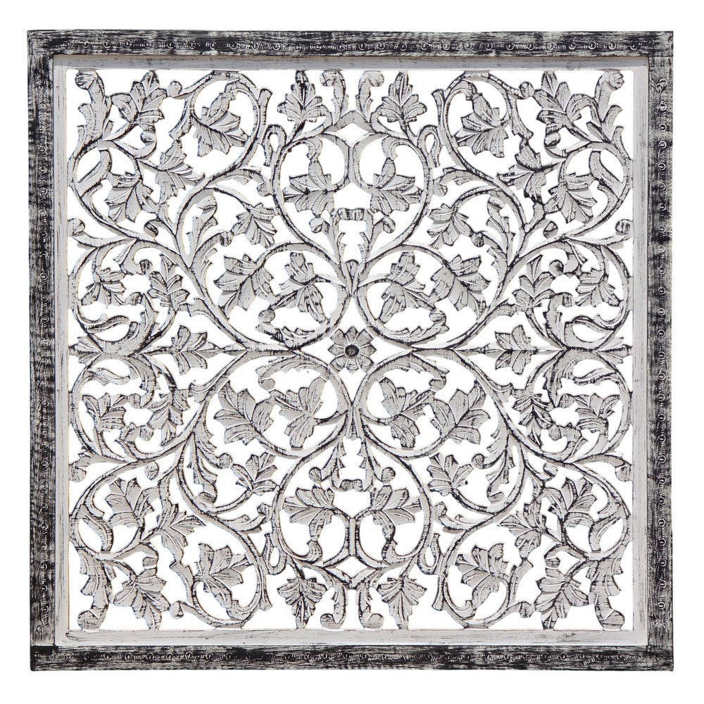 Ozy Carved Mango Wood Wall Decor| 36 Inch Square I Handcrafted Distressed Black & White By The Urban Port UPT-330434