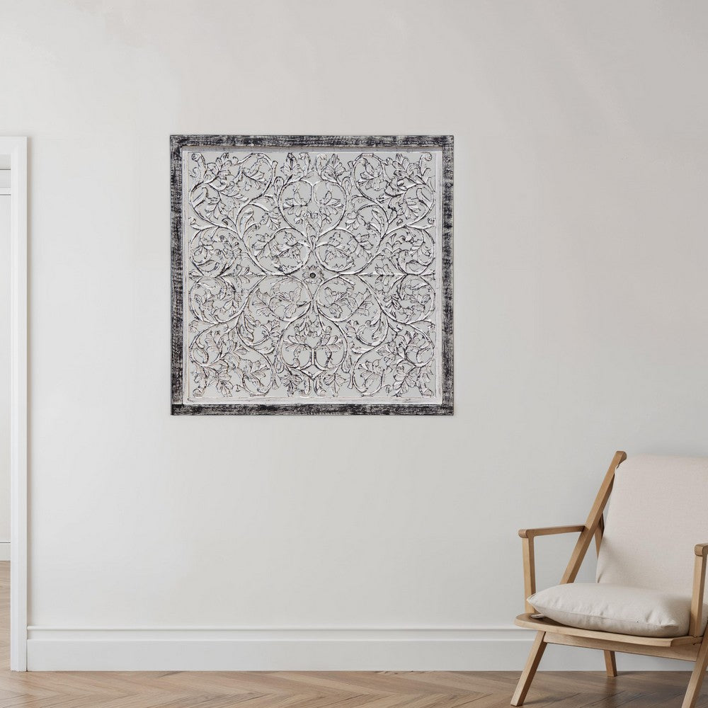 Ozy Carved Mango Wood Wall Decor| 36 Inch Square I Handcrafted Distressed Black & White By The Urban Port UPT-330434