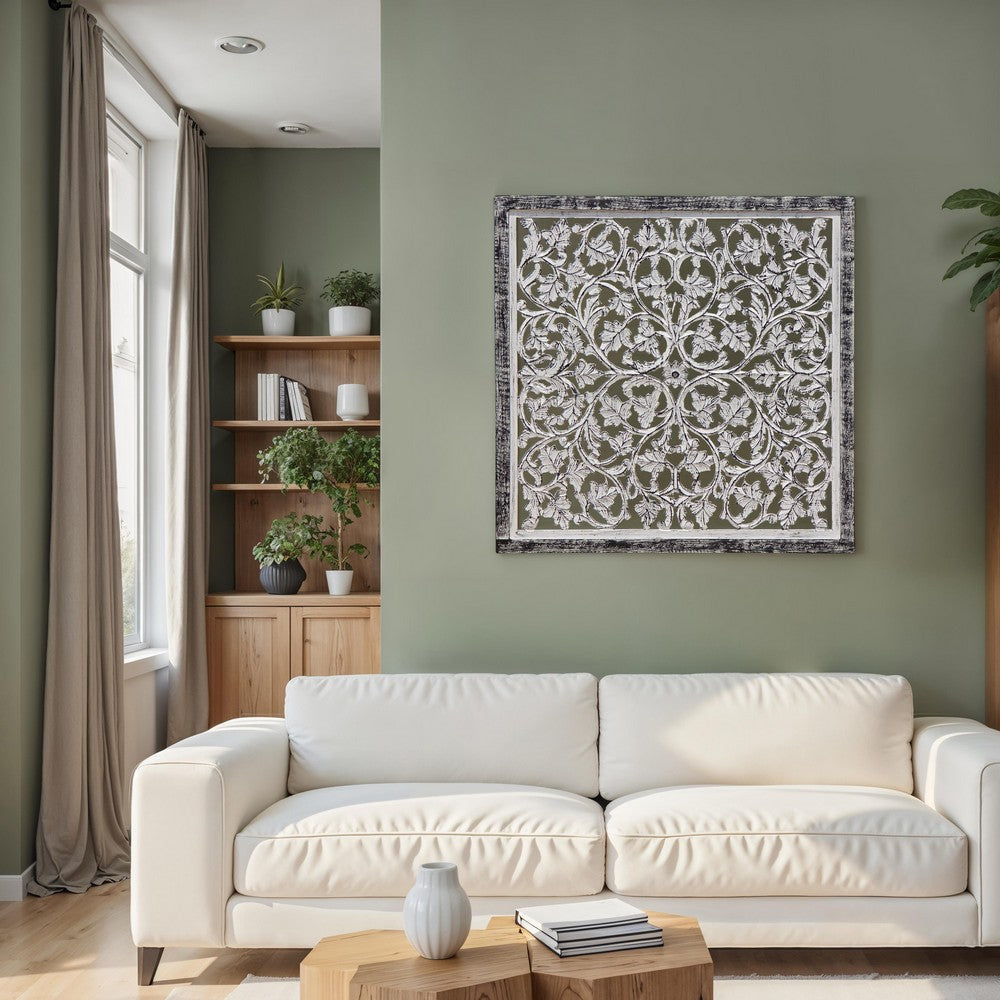 Ozy Carved Mango Wood Wall Decor| 36 Inch Square I Handcrafted Distressed Black & White By The Urban Port UPT-330434