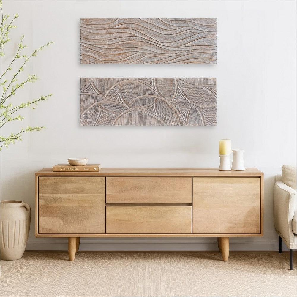 2pc Ocean Wave Wood Wall Art Panels | 16x48 Inch Abstract and Wave Pattern Decor| Gray By The Urban Port UPT-330435