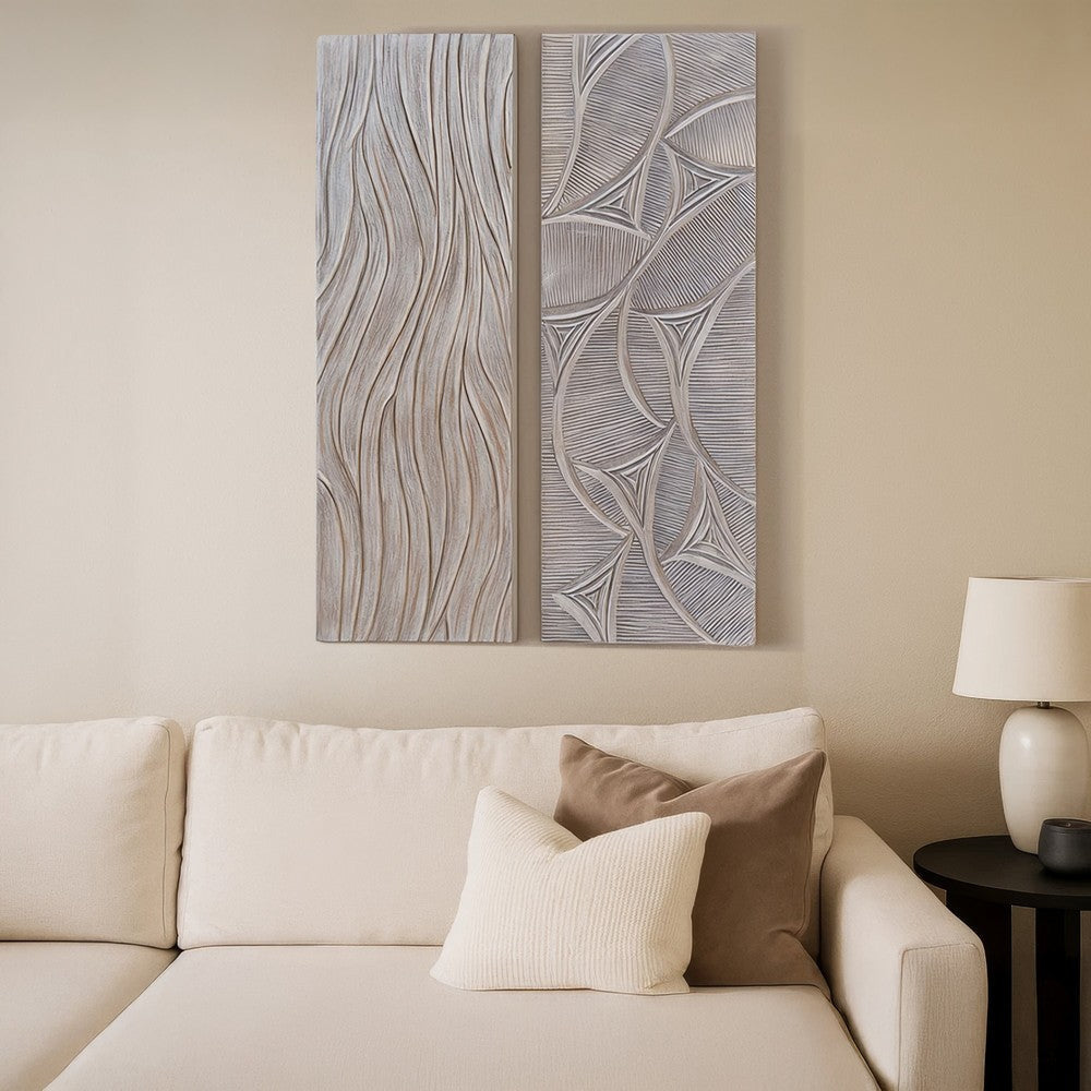 2pc Ocean Wave Wood Wall Art Panels | 16x48 Inch Abstract and Wave Pattern Decor| Gray By The Urban Port UPT-330435