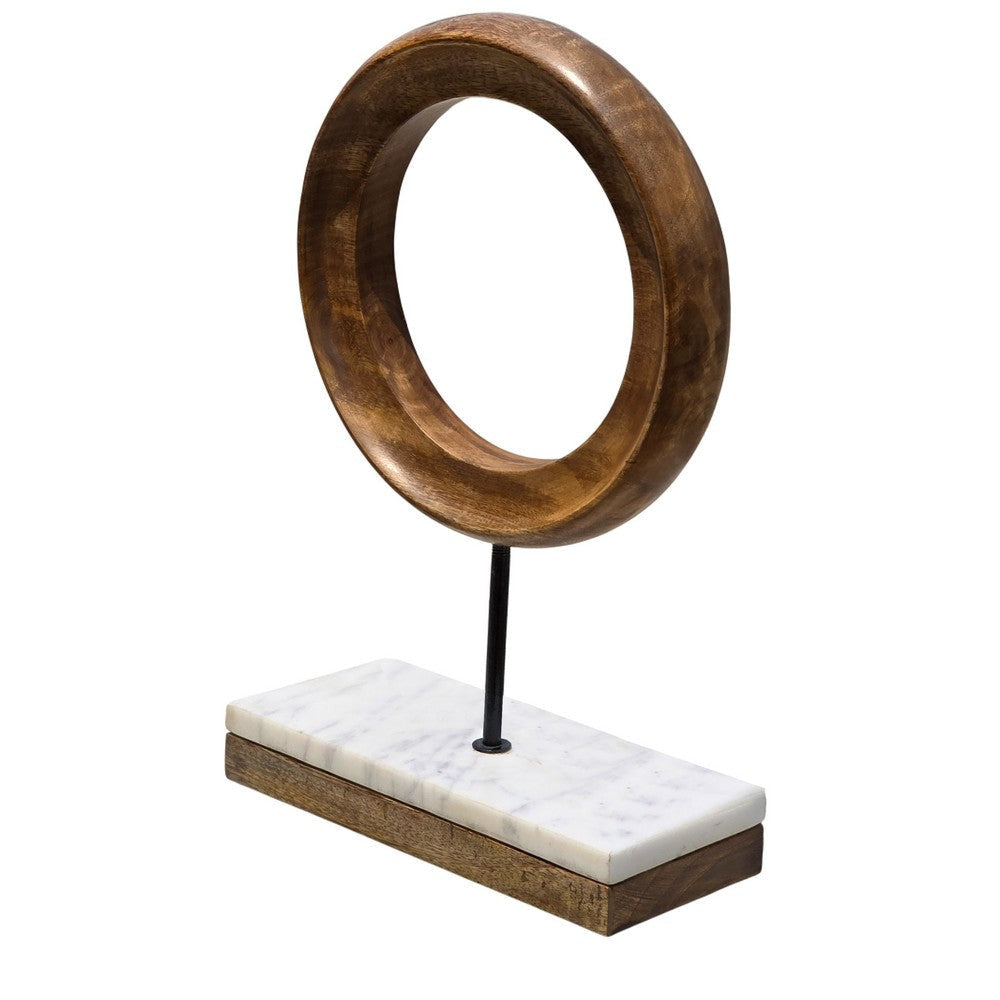Focus Tabletop Sculpture | Brown Mango Wood Ring Design | Black Iron Stem and Marble Base By The Urban Port UPT-330436
