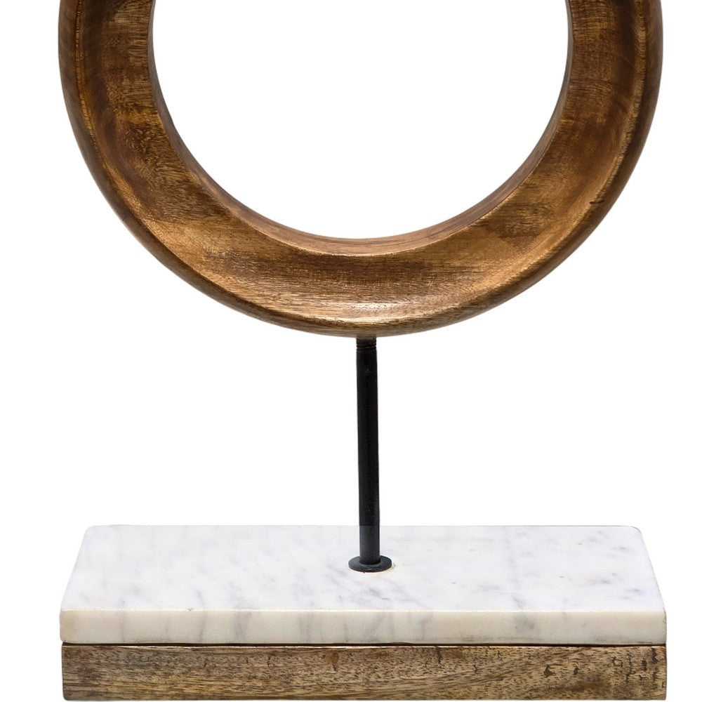 Focus Tabletop Sculpture | Brown Mango Wood Ring Design | Black Iron Stem and Marble Base By The Urban Port UPT-330436