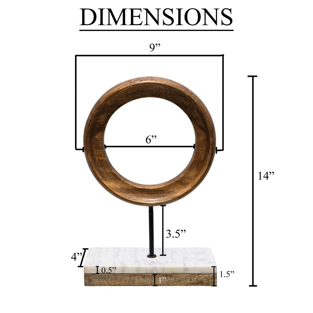 Focus Tabletop Sculpture | Brown Mango Wood Ring Design | Black Iron Stem and Marble Base By The Urban Port UPT-330436