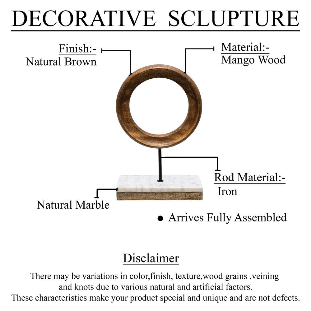 Focus Tabletop Sculpture | Brown Mango Wood Ring Design | Black Iron Stem and Marble Base By The Urban Port UPT-330436