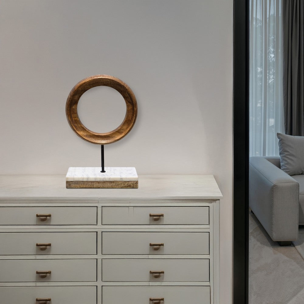 Focus Tabletop Sculpture | Brown Mango Wood Ring Design | Black Iron Stem and Marble Base By The Urban Port UPT-330436