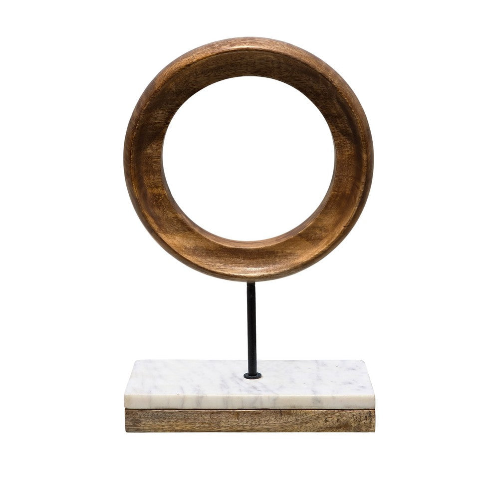 Focus Tabletop Sculpture | Brown Mango Wood Ring Design | Black Iron Stem and Marble Base By The Urban Port UPT-330436