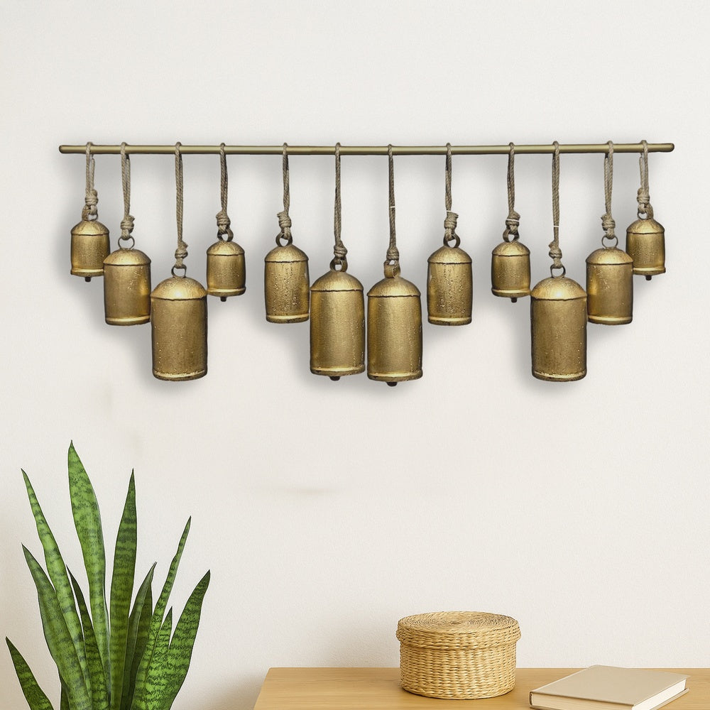 Neyra Iron Cow Bells Wall Decor 48 Inch Wide Decorative, Antique Gold Finish, Jute Hanging Rope By The Urban Port