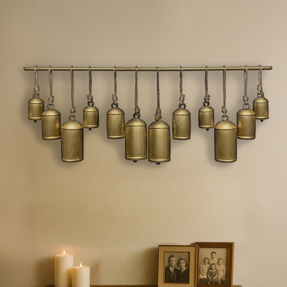 Neyra Iron Cow Bells Wall Decor 48 Inch Wide Decorative, Antique Gold Finish, Jute Hanging Rope By The Urban Port