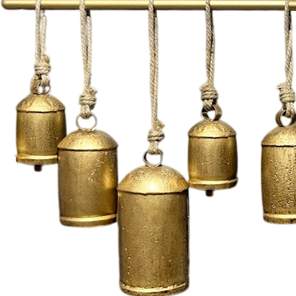 Neyra Iron Cow Bells Wall Decor 48 Inch Wide Decorative, Antique Gold Finish, Jute Hanging Rope By The Urban Port