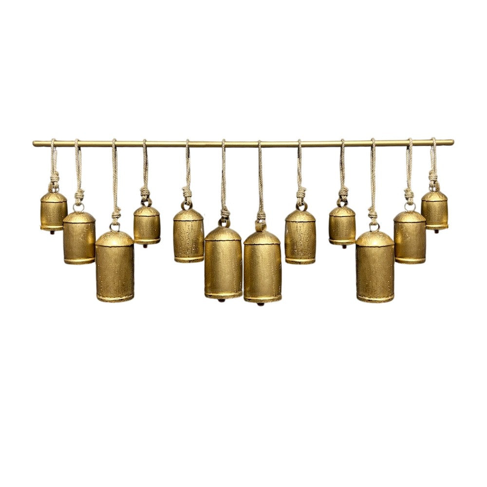 Neyra Iron Cow Bells Wall Decor 48 Inch Wide Decorative, Antique Gold Finish, Jute Hanging Rope By The Urban Port