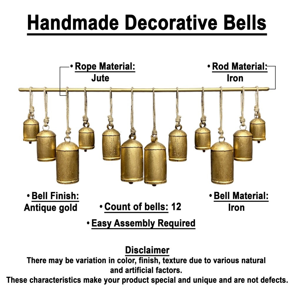 Neyra Iron Cow Bells Wall Decor 48 Inch Wide Decorative, Antique Gold Finish, Jute Hanging Rope By The Urban Port