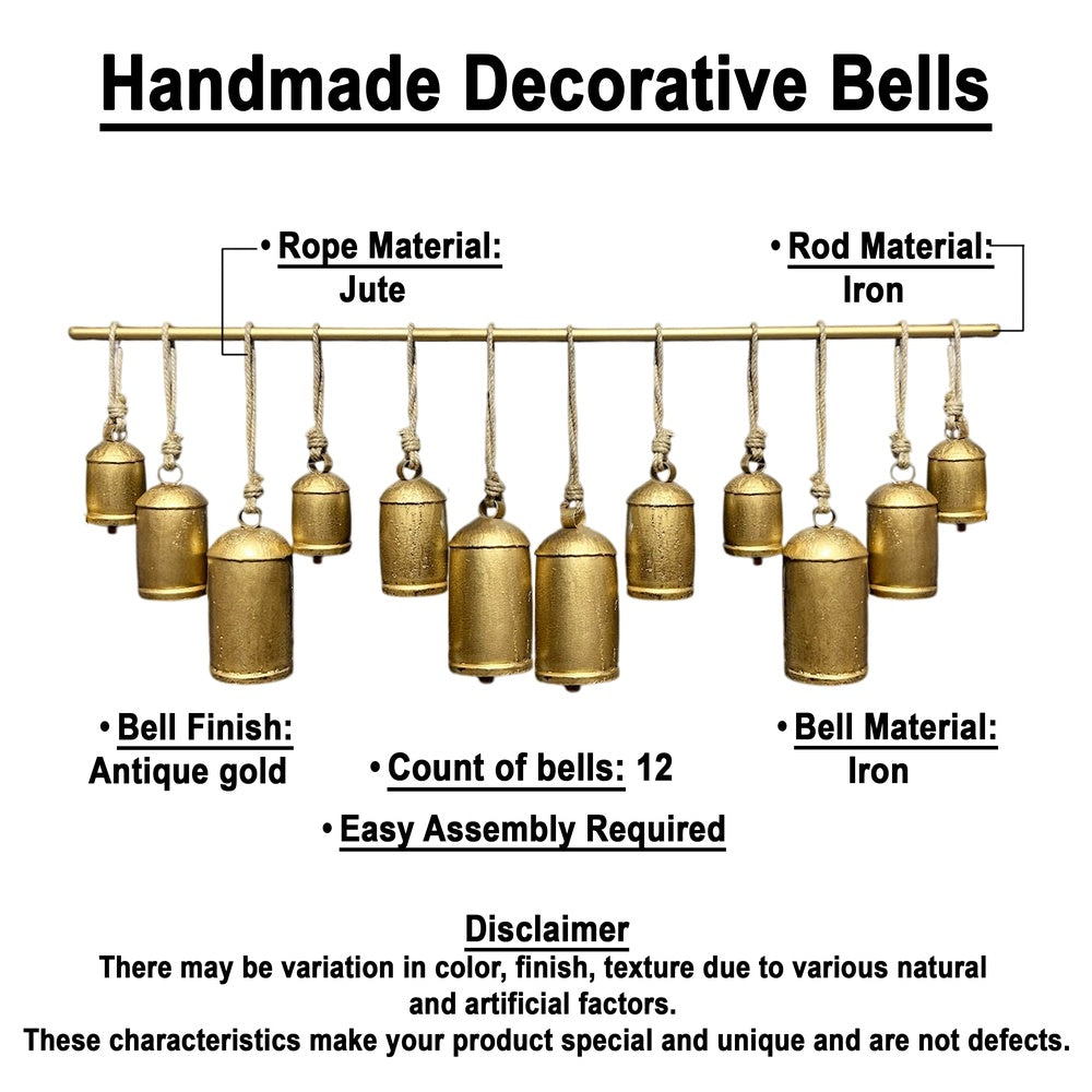 Neyra Iron Cow Bells Wall Decor 48 Inch Wide Decorative, Antique Gold Finish, Jute Hanging Rope By The Urban Port