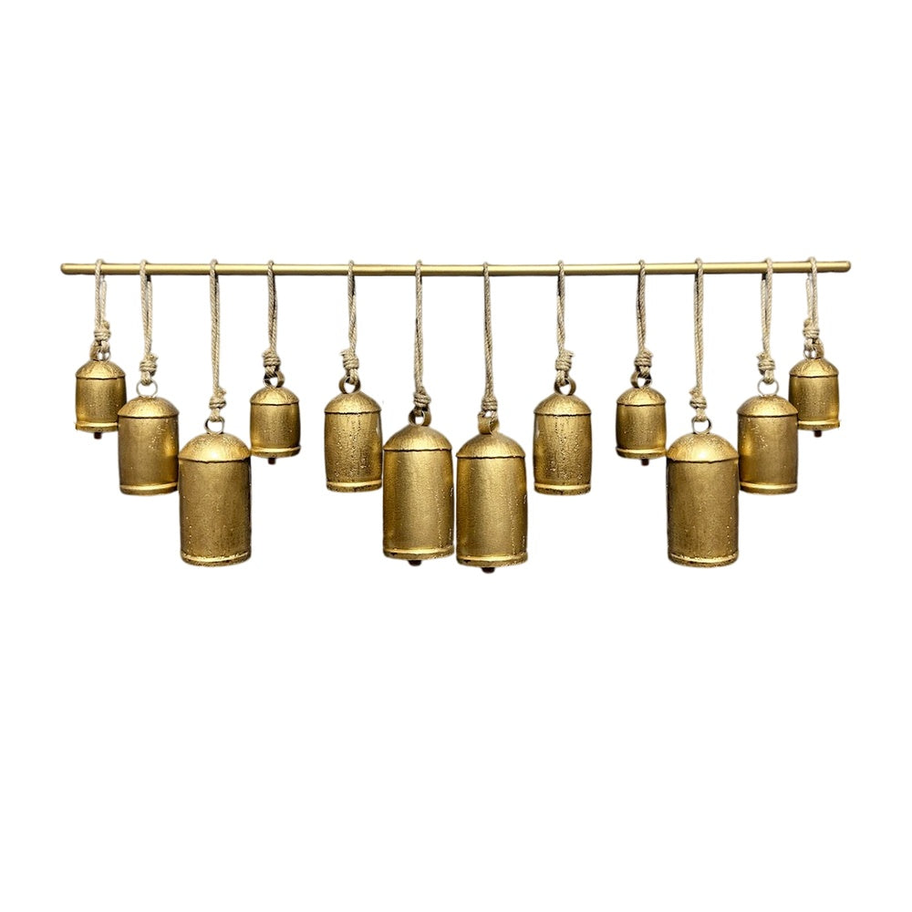 Neyra Iron Cow Bells Wall Decor 48 Inch Wide Decorative, Antique Gold Finish, Jute Hanging Rope By The Urban Port