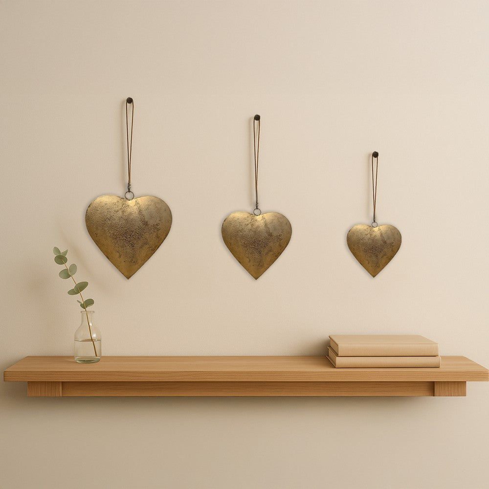 Myri Decorative Metal Heart Wall Decor Set of 3, Antique Gold Iron with Jute Hanging Rope, 12, 9.5, 7 Inches By The Urban Port
