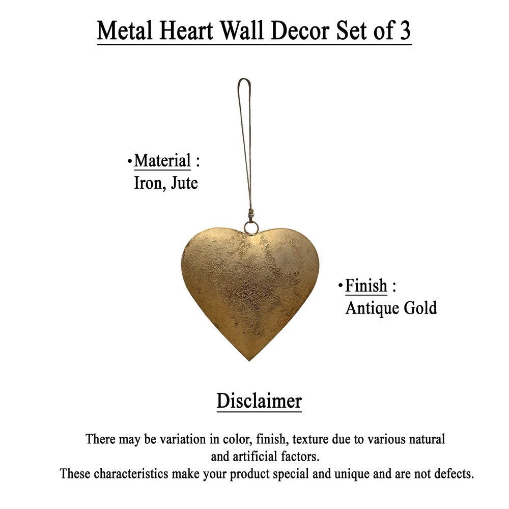Myri Decorative Metal Heart Wall Decor Set of 3, Antique Gold Iron with Jute Hanging Rope, 12, 9.5, 7 Inches By The Urban Port