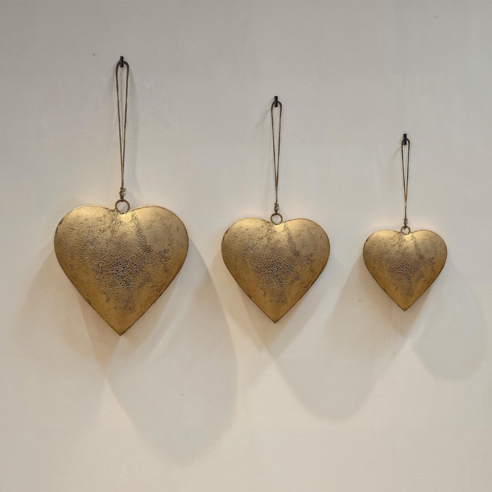 Myri Decorative Metal Heart Wall Decor Set of 3, Antique Gold Iron with Jute Hanging Rope, 12, 9.5, 7 Inches By The Urban Port