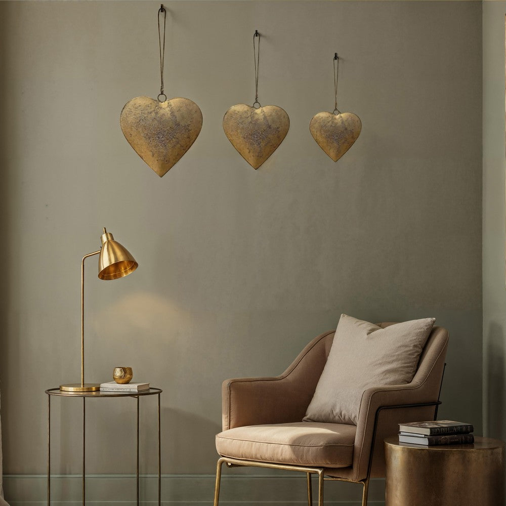 Myri Decorative Metal Heart Wall Decor Set of 3, Antique Gold Iron with Jute Hanging Rope, 12, 9.5, 7 Inches By The Urban Port