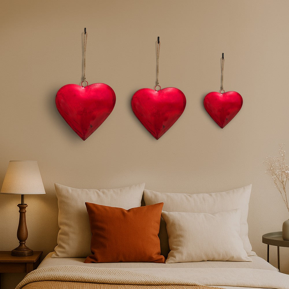 Myri Decorative Metal Heart Wall Decor Set of 3, Classic Red with Jute Hanging Rope, 12, 9.5, 7 Inches By The Urban Port
