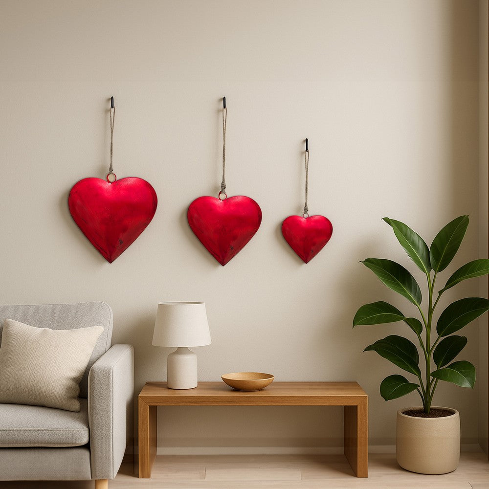 Myri Decorative Metal Heart Wall Decor Set of 3, Classic Red with Jute Hanging Rope, 12, 9.5, 7 Inches By The Urban Port