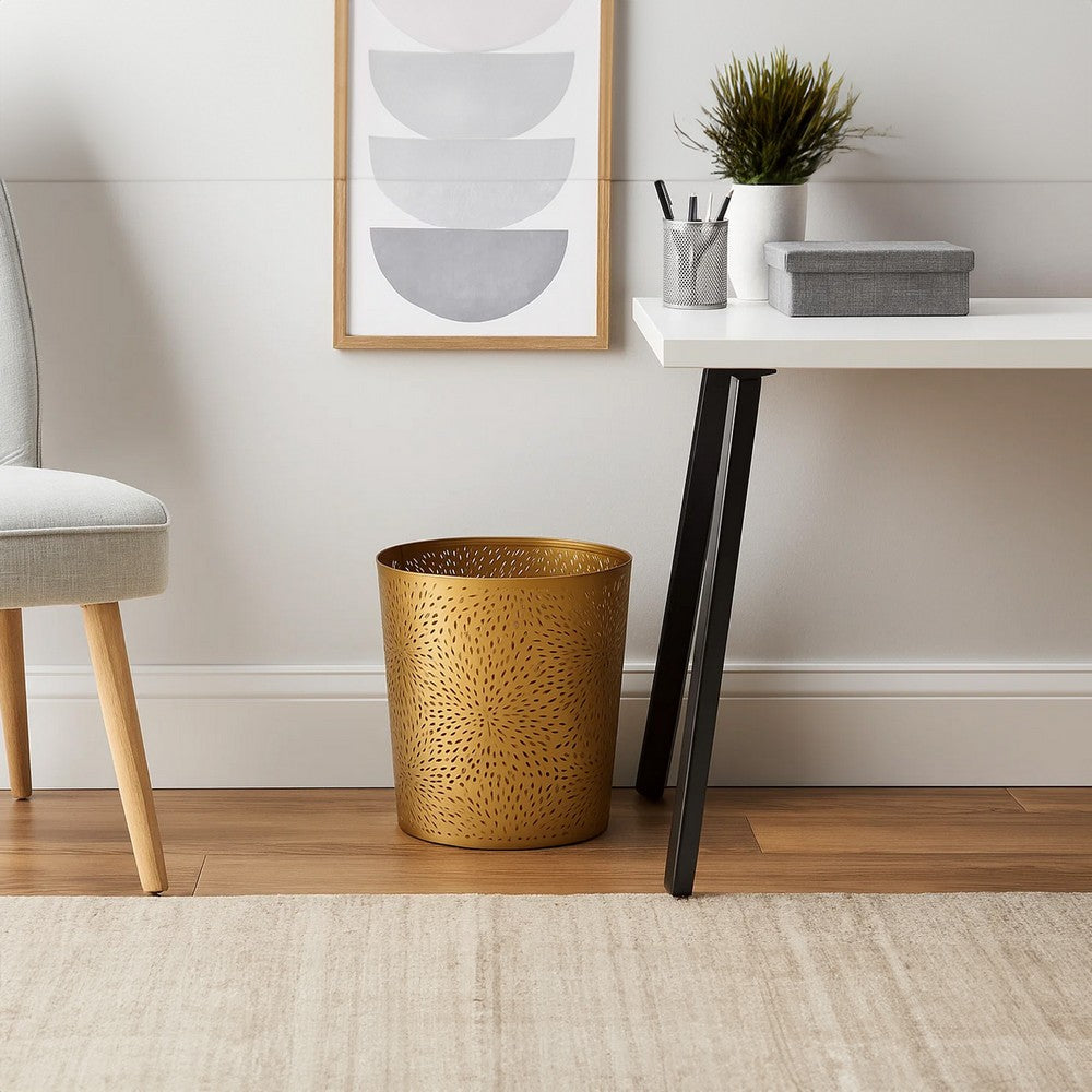 10" Decorative Iron Wastebasket Trash Can | Matte Gold | Leaf Etched Design By The Urban Port
