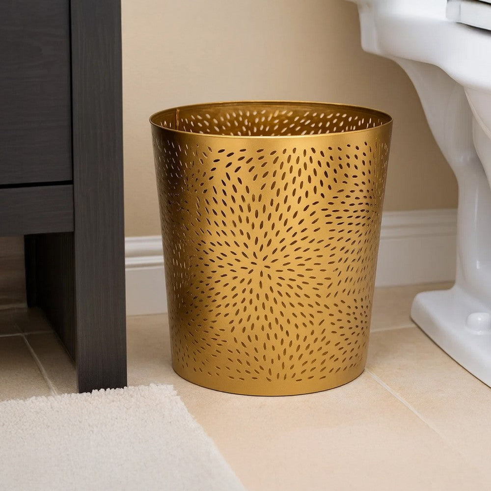 10" Decorative Iron Wastebasket Trash Can | Matte Gold | Leaf Etched Design By The Urban Port