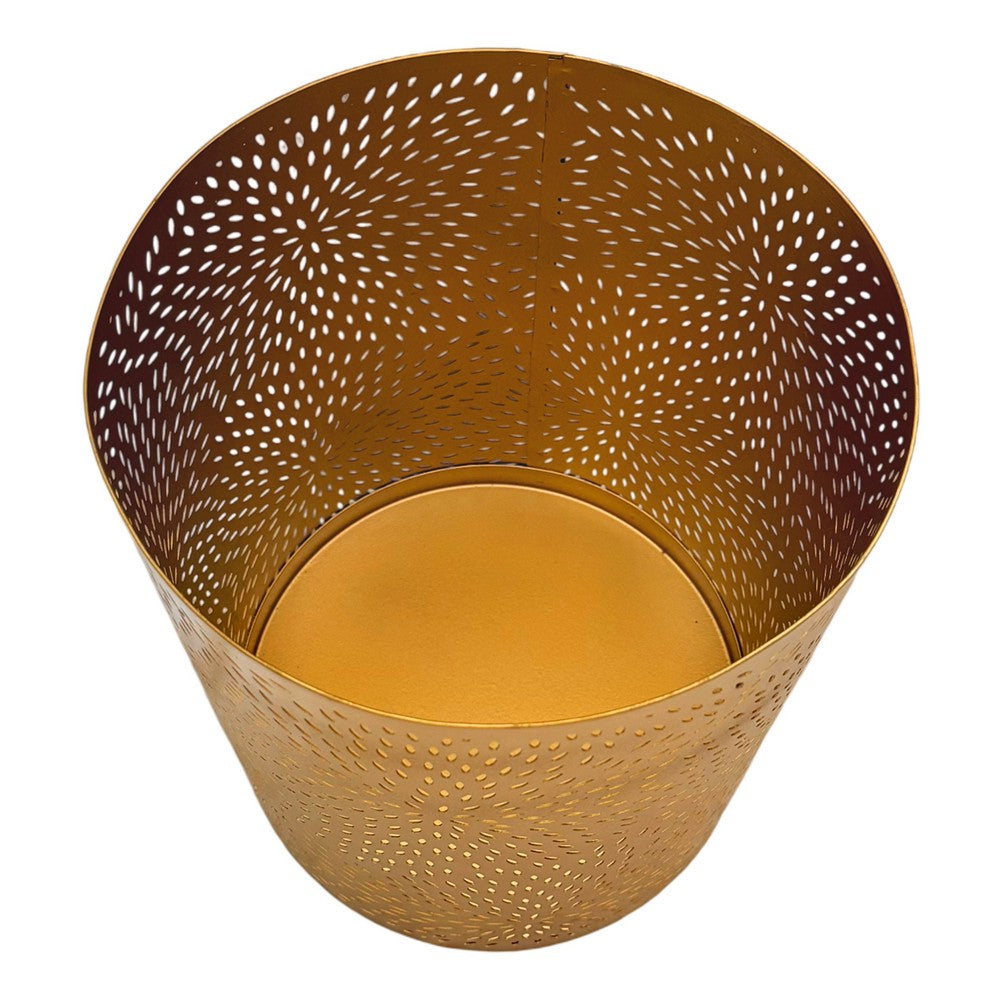 10" Decorative Iron Wastebasket Trash Can | Matte Gold | Leaf Etched Design By The Urban Port
