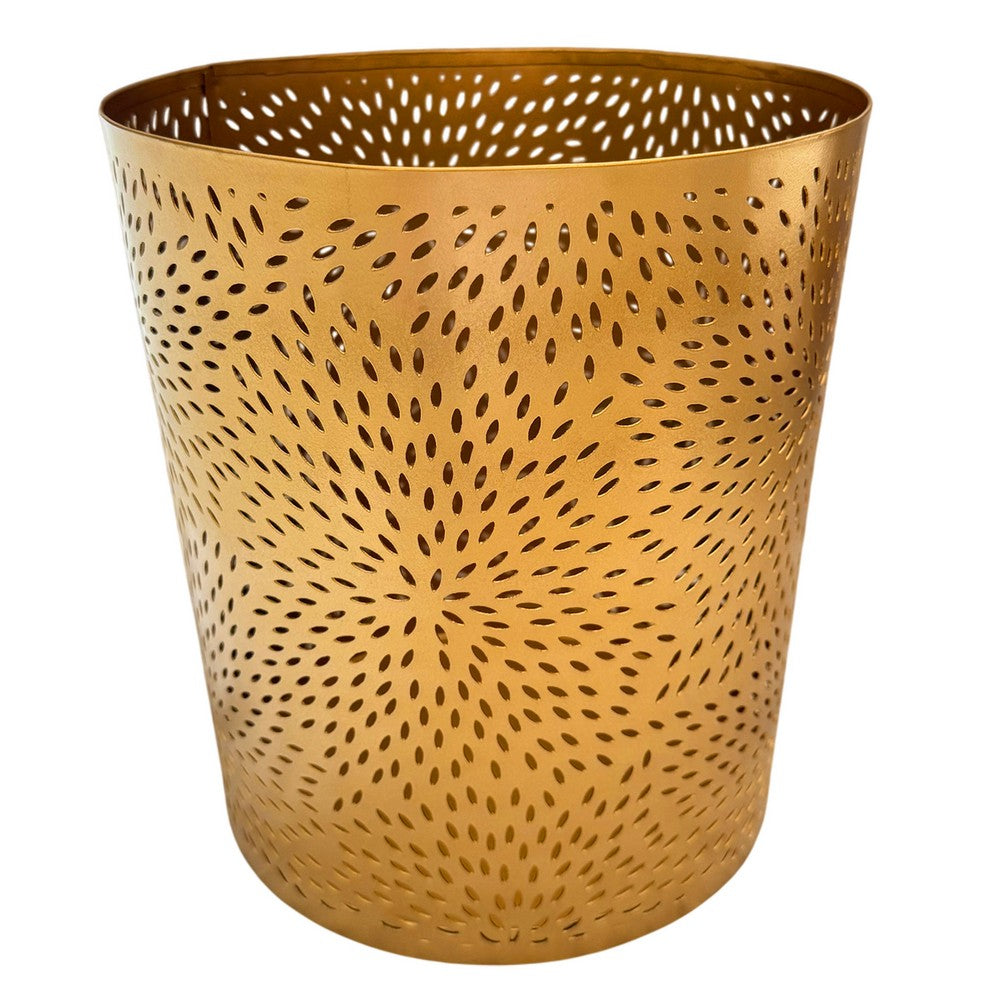 10" Decorative Iron Wastebasket Trash Can | Matte Gold | Leaf Etched Design By The Urban Port