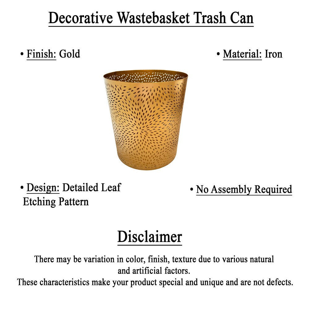 10" Decorative Iron Wastebasket Trash Can | Matte Gold | Leaf Etched Design By The Urban Port