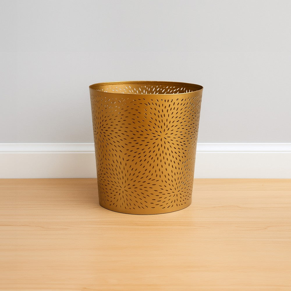 10" Decorative Iron Wastebasket Trash Can | Matte Gold | Leaf Etched Design By The Urban Port