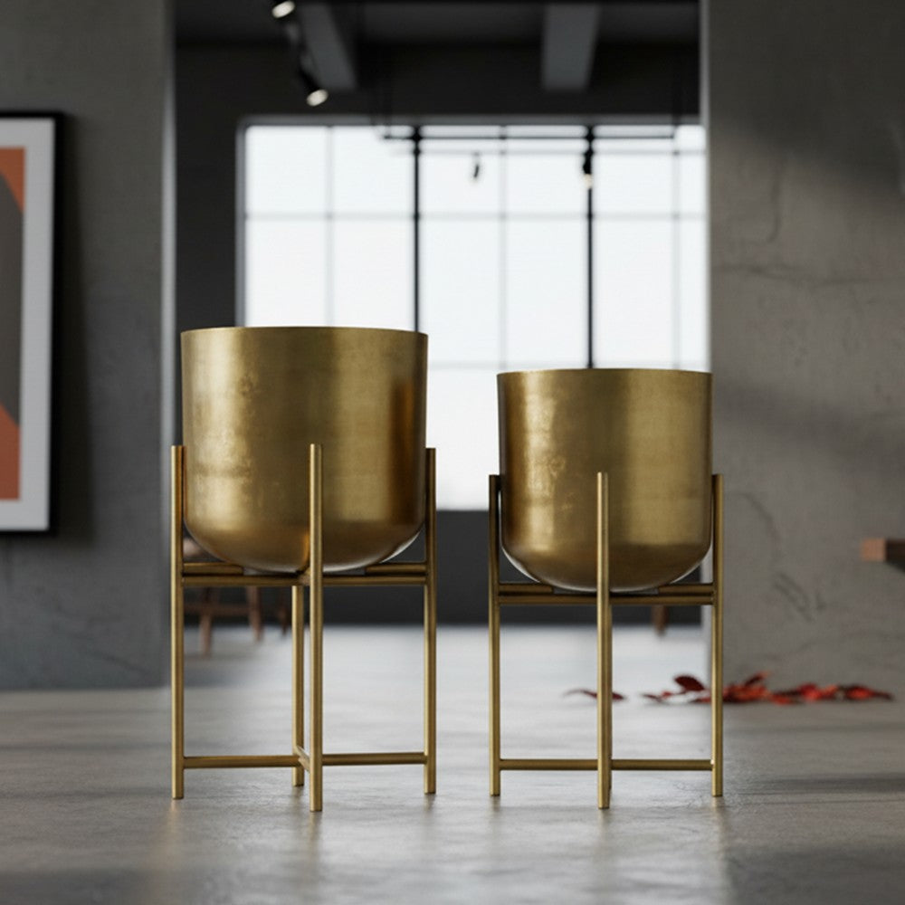 Aira Set of 2 Planters | 19, 22" Tall | Foldable Metal Stand | Antique Brass Finish By The Urban Port