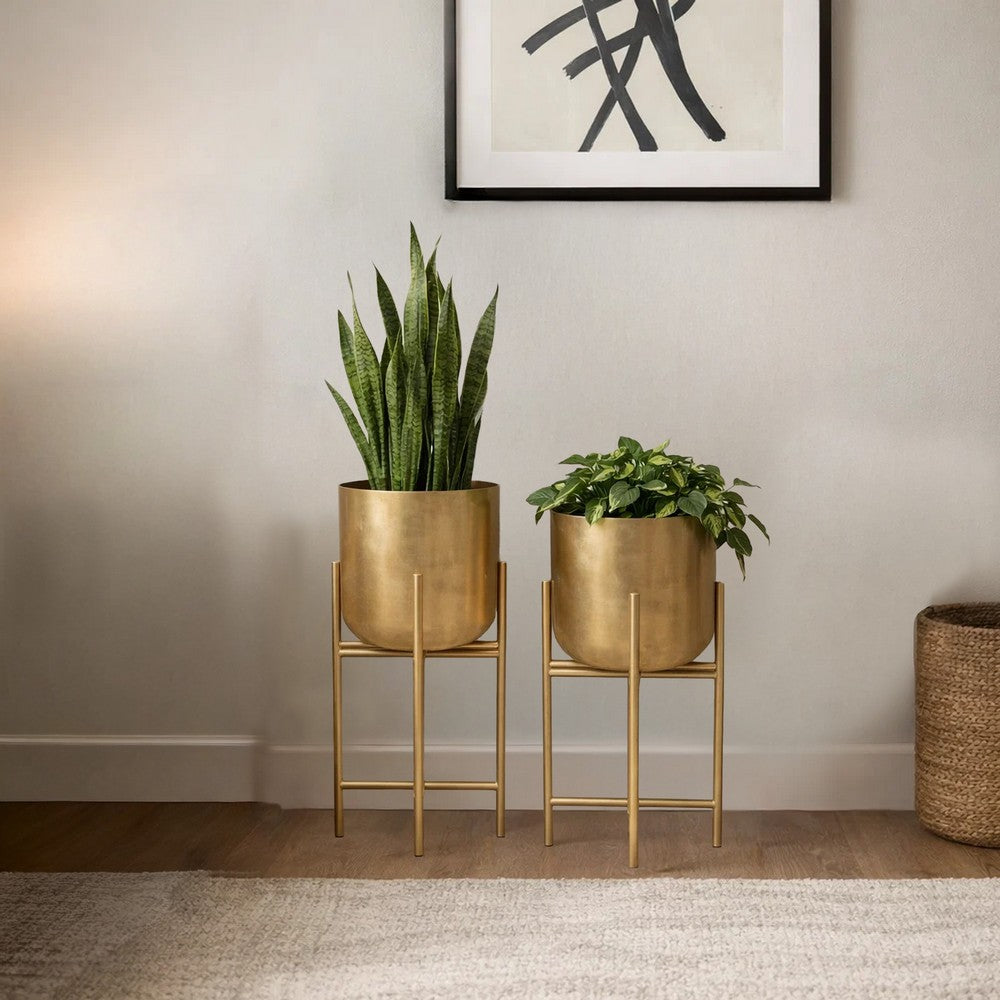 Aira Set of 2 Planters | 19, 22" Tall | Foldable Metal Stand | Antique Brass Finish By The Urban Port