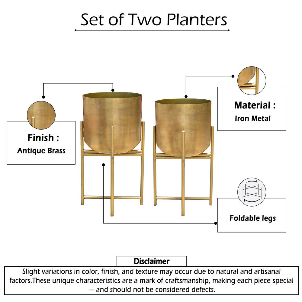Aira Set of 2 Planters | 19, 22" Tall | Foldable Metal Stand | Antique Brass Finish By The Urban Port