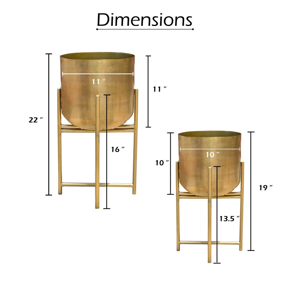 Aira Set of 2 Planters | 19, 22" Tall | Foldable Metal Stand | Antique Brass Finish By The Urban Port