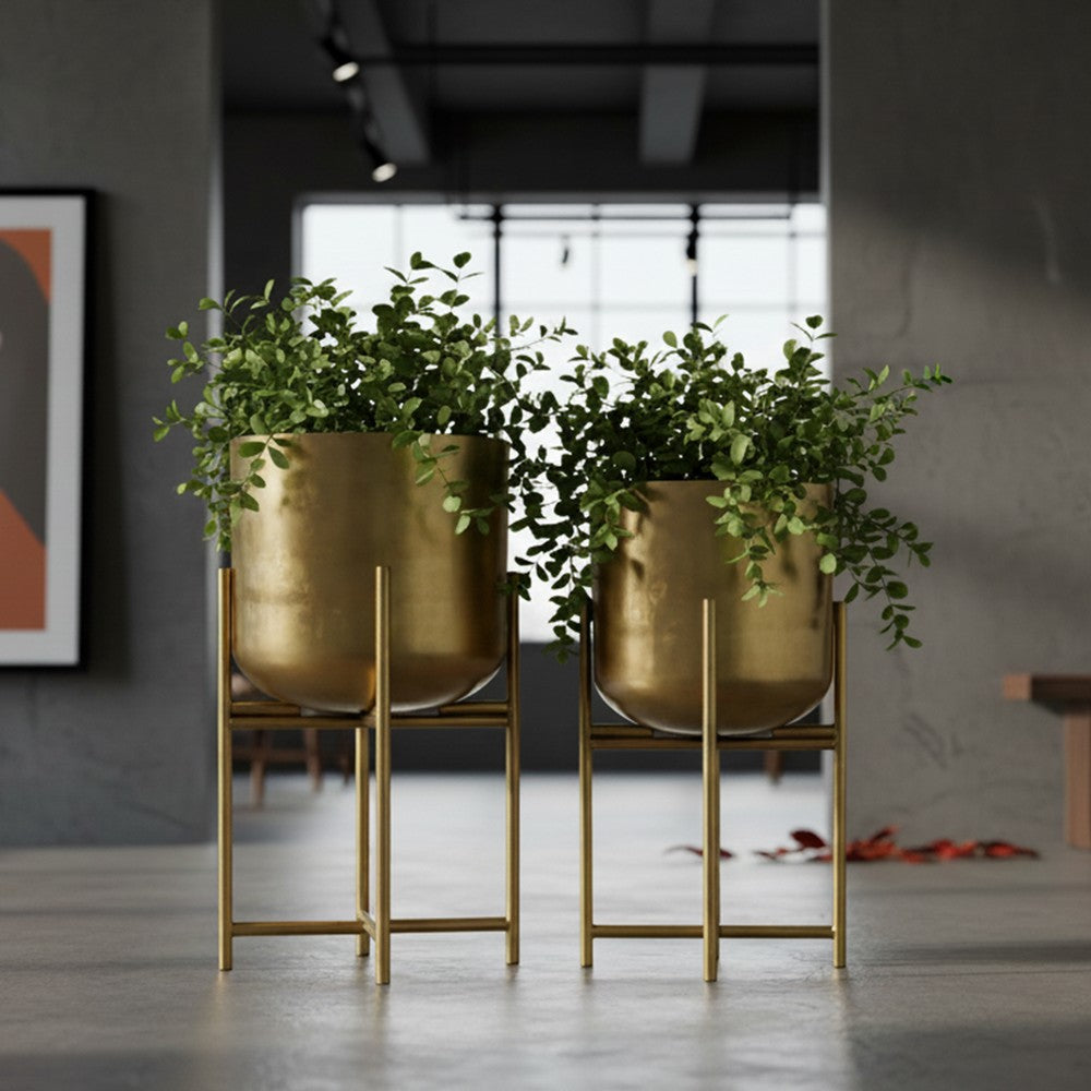 Aira Set of 2 Planters | 19, 22" Tall | Foldable Metal Stand | Antique Brass Finish By The Urban Port