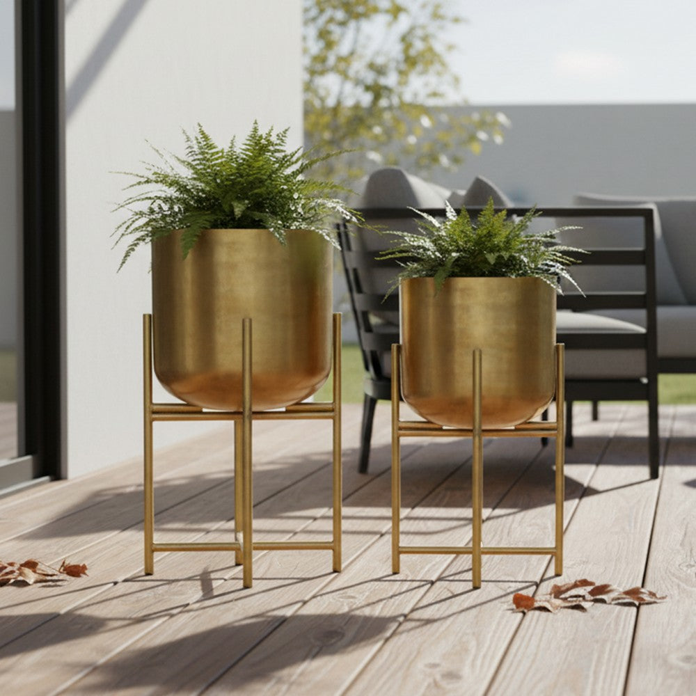 Aira Set of 2 Planters | 19, 22" Tall | Foldable Metal Stand | Antique Brass Finish By The Urban Port