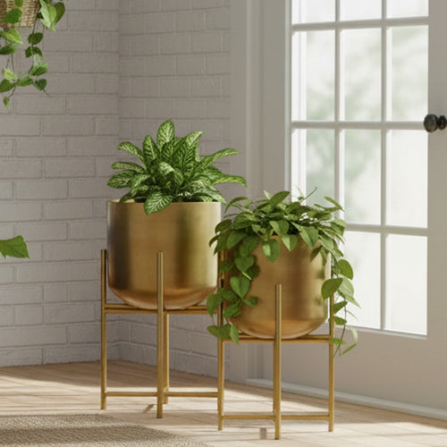 Aira Set of 2 Planters | 19, 22" Tall | Foldable Metal Stand | Antique Brass Finish By The Urban Port