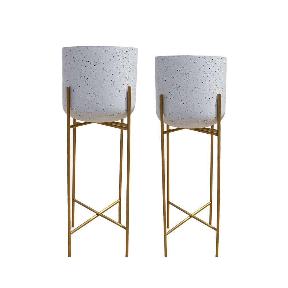 Aira Set of 2 Planters | 20, 22" Tall | Gold Foldable Metal Stand | White Speckled Pattern By The Urban Port