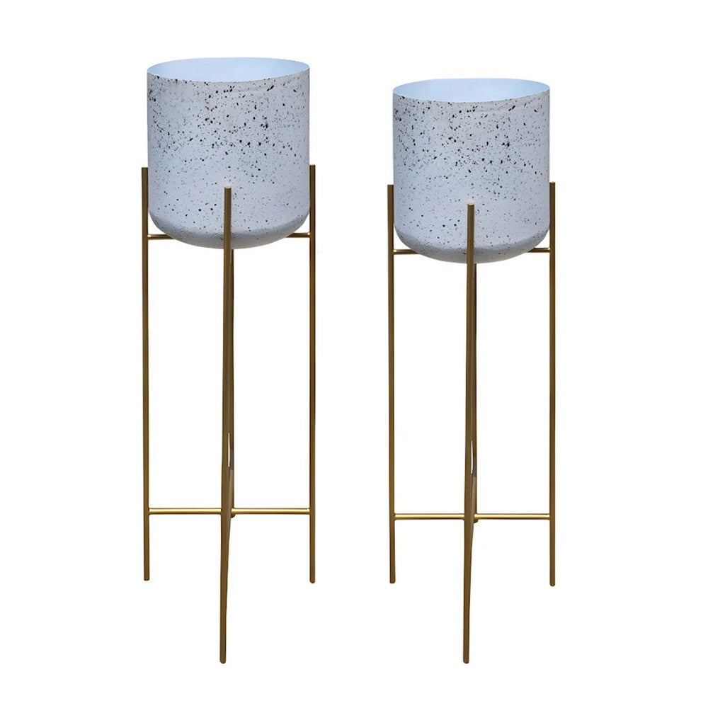 Aira Set of 2 Planters | 20, 22" Tall | Gold Foldable Metal Stand | White Speckled Pattern By The Urban Port