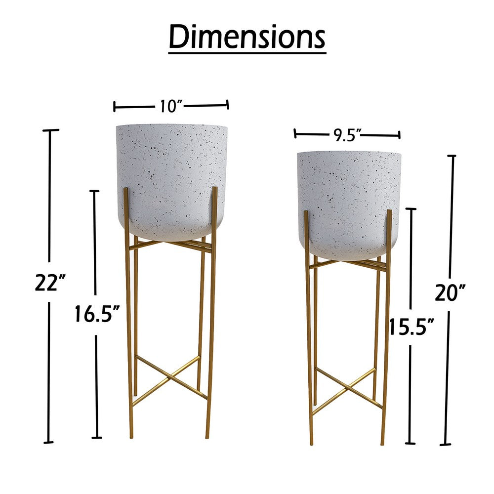 Aira Set of 2 Planters | 20, 22" Tall | Gold Foldable Metal Stand | White Speckled Pattern By The Urban Port