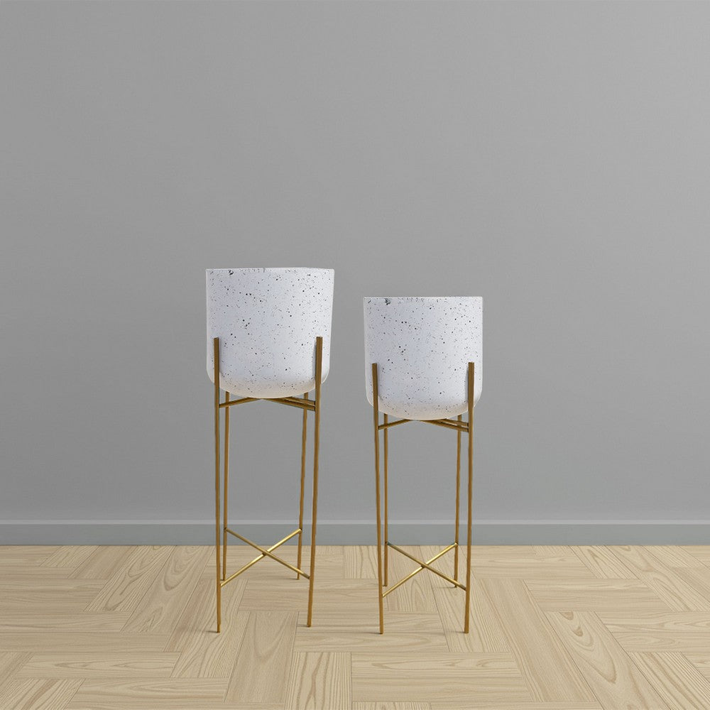 Aira Set of 2 Planters | 20, 22" Tall | Gold Foldable Metal Stand | White Speckled Pattern By The Urban Port