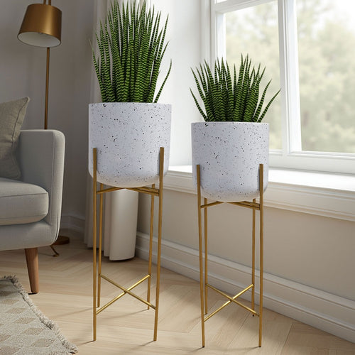 Aira Set of 2 Planters | 20, 22" Tall | Gold Foldable Metal Stand | White Speckled Pattern By The Urban Port