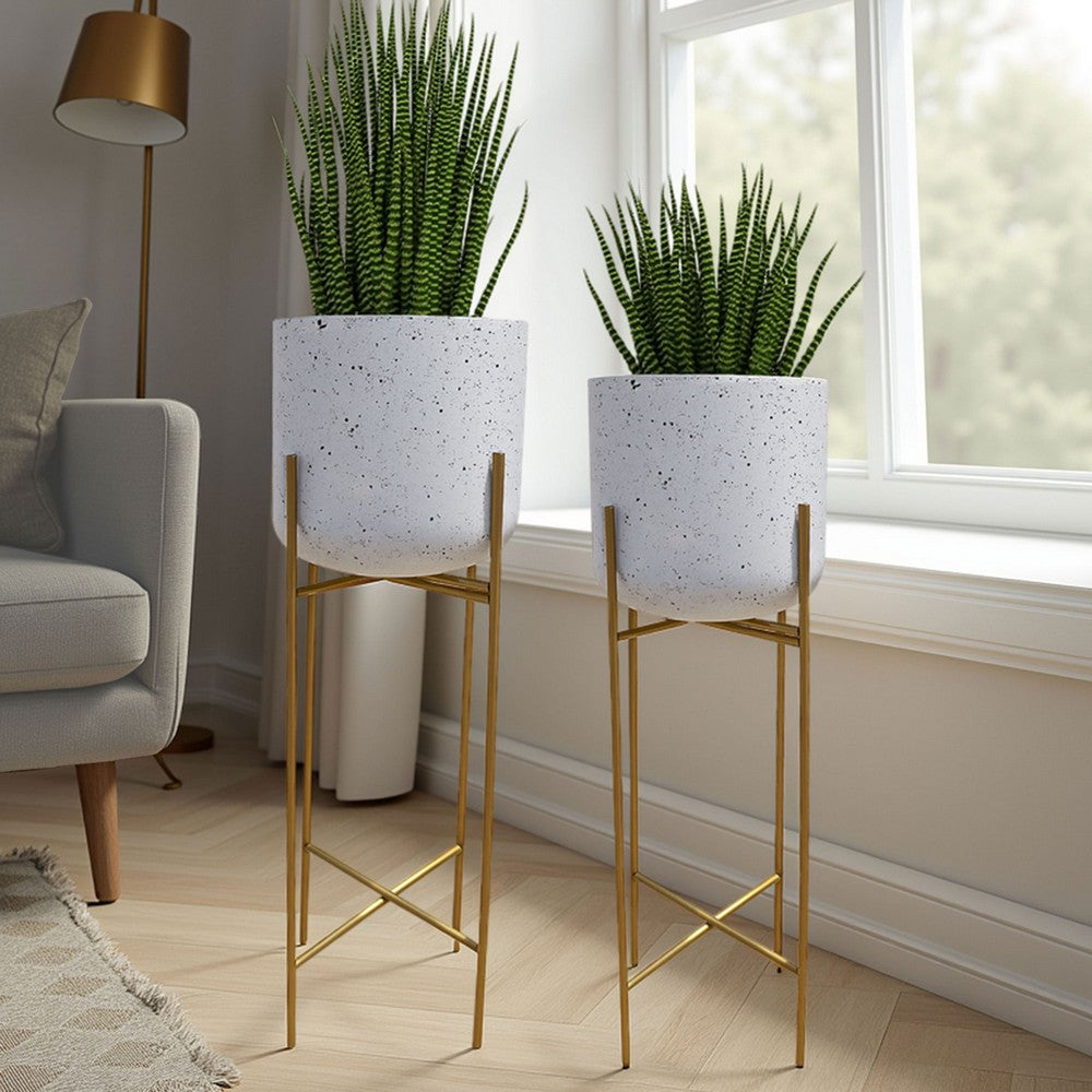 Aira Set of 2 Planters | 20, 22" Tall | Gold Foldable Metal Stand | White Speckled Pattern By The Urban Port