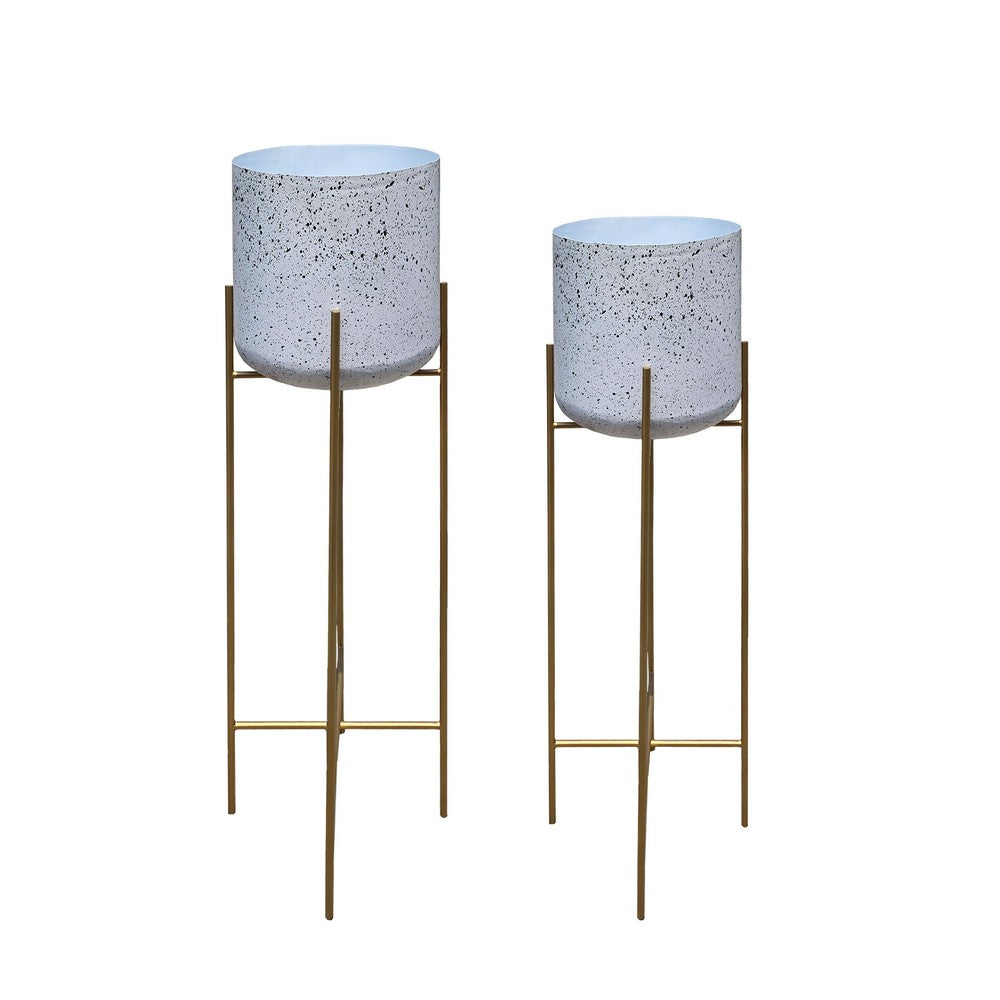 Aira 39, 46" Tall Planters Set of 2 | Gold Foldable Metal Stand | White Speckled Pattern By The Urban Port