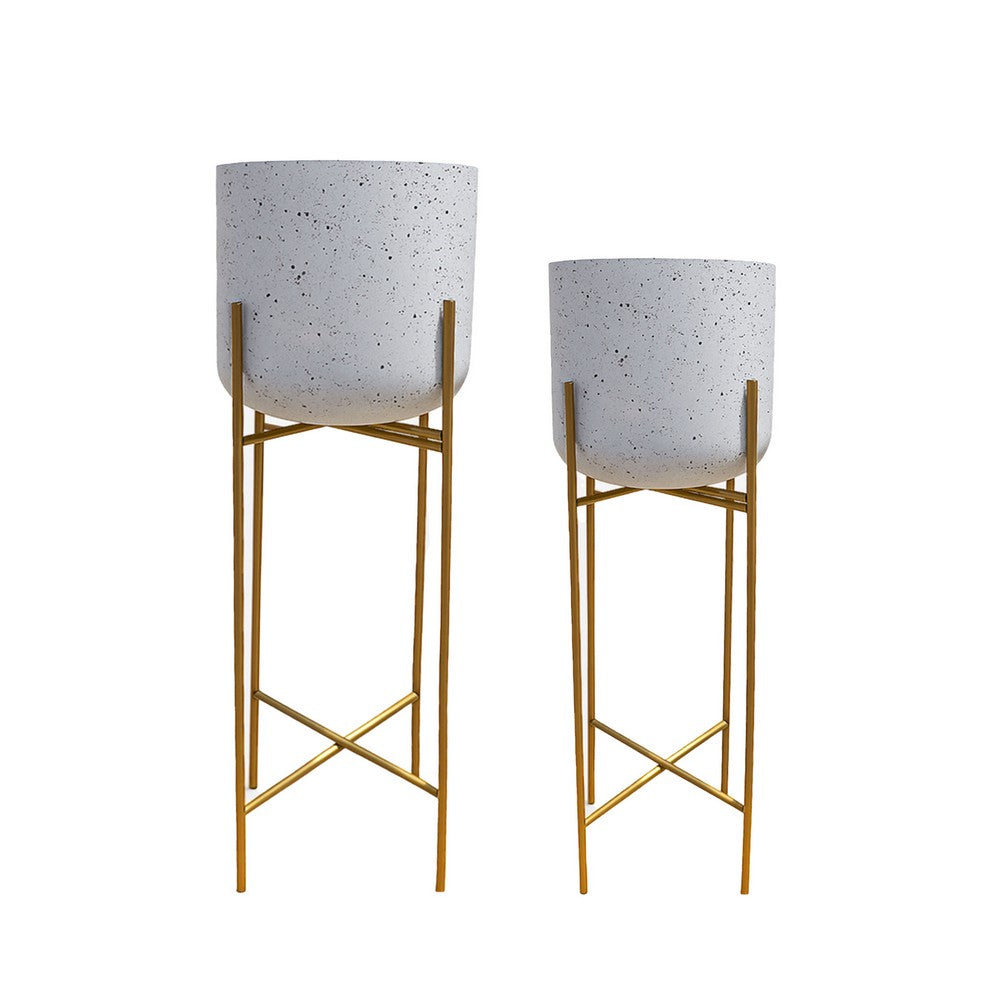 Aira 39, 46" Tall Planters Set of 2 | Gold Foldable Metal Stand | White Speckled Pattern By The Urban Port