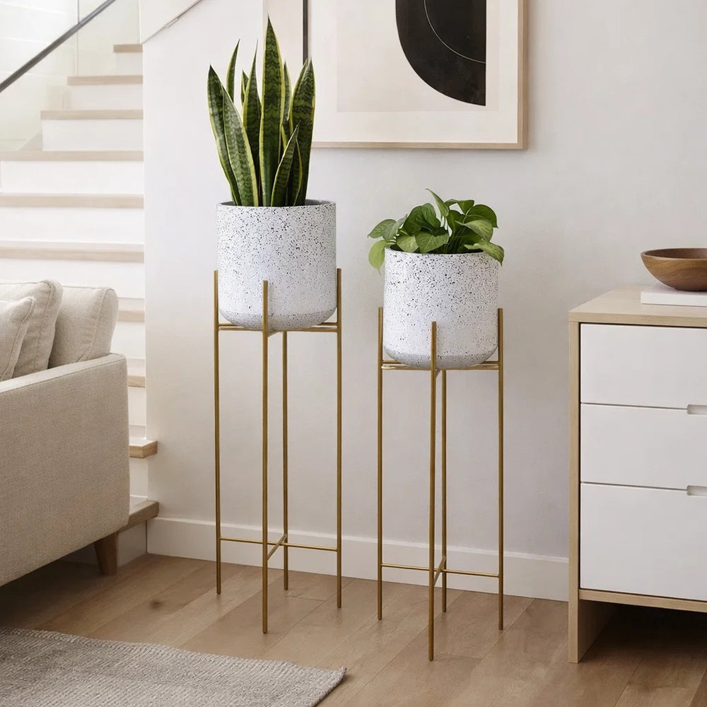 Aira 39, 46" Tall Planters Set of 2 | Gold Foldable Metal Stand | White Speckled Pattern By The Urban Port