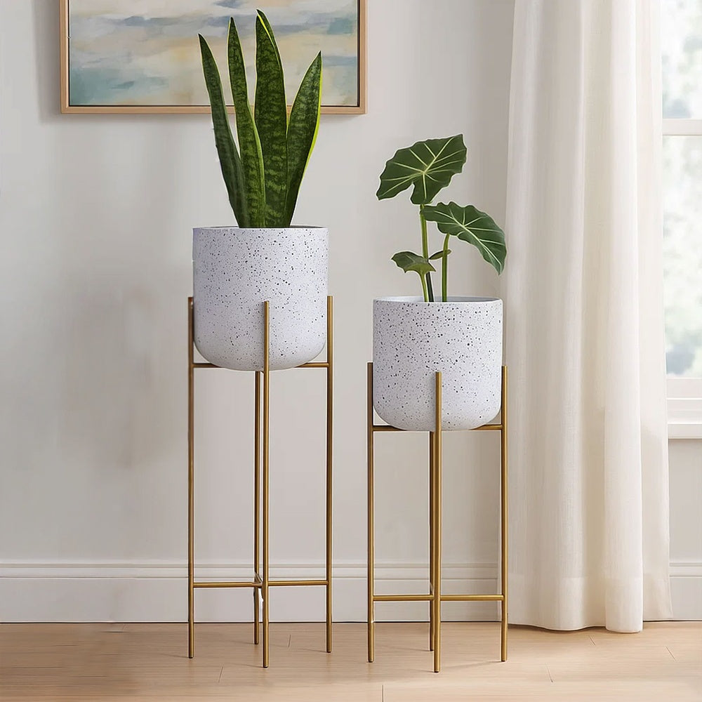 Aira 39, 46" Tall Planters Set of 2 | Gold Foldable Metal Stand | White Speckled Pattern By The Urban Port
