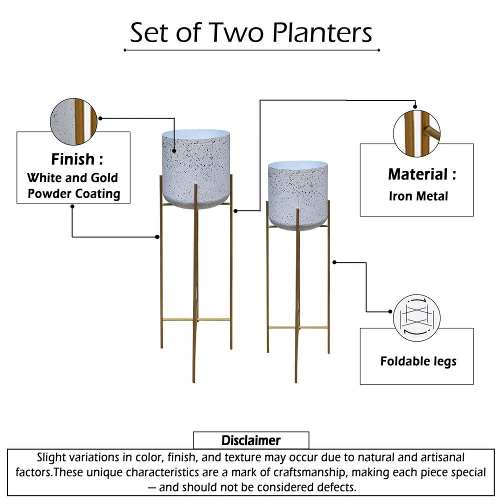 Aira 39, 46" Tall Planters Set of 2 | Gold Foldable Metal Stand | White Speckled Pattern By The Urban Port